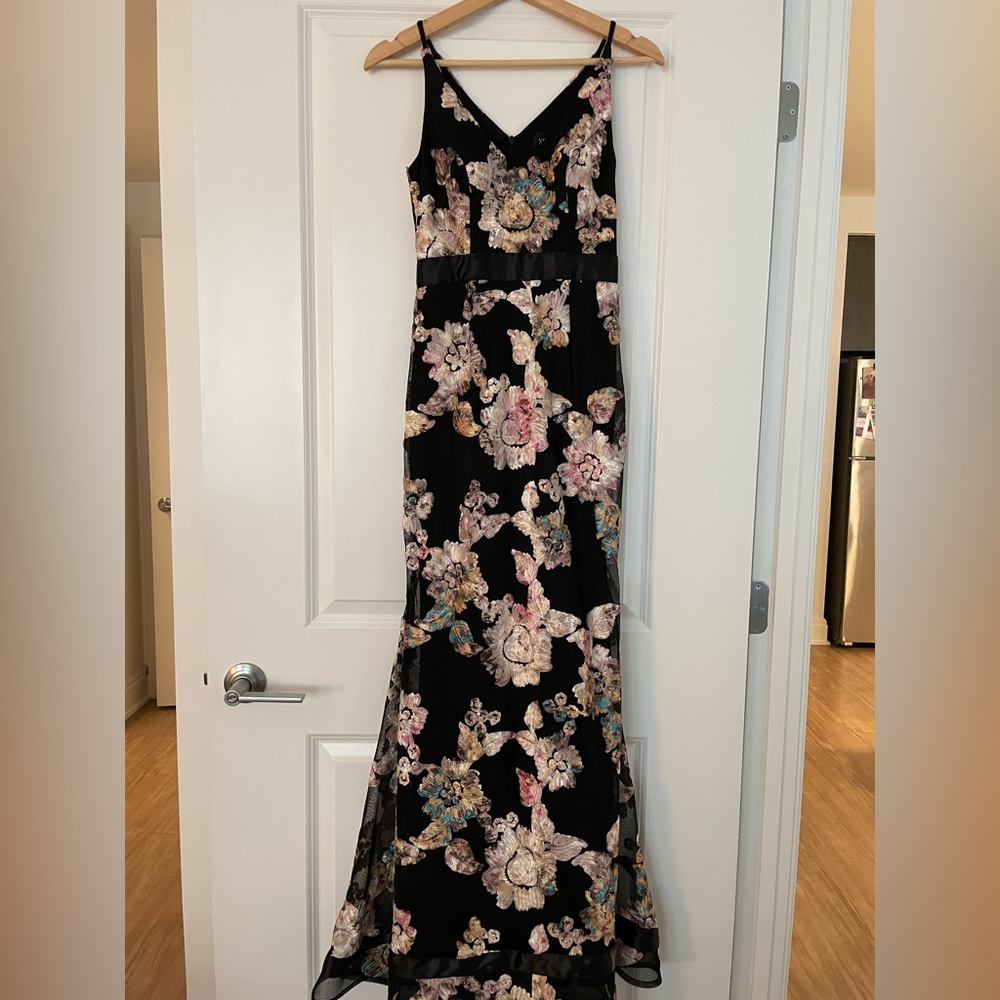 Black & Floral Gown Dress with Lace/Mesh/Shimmer Detail